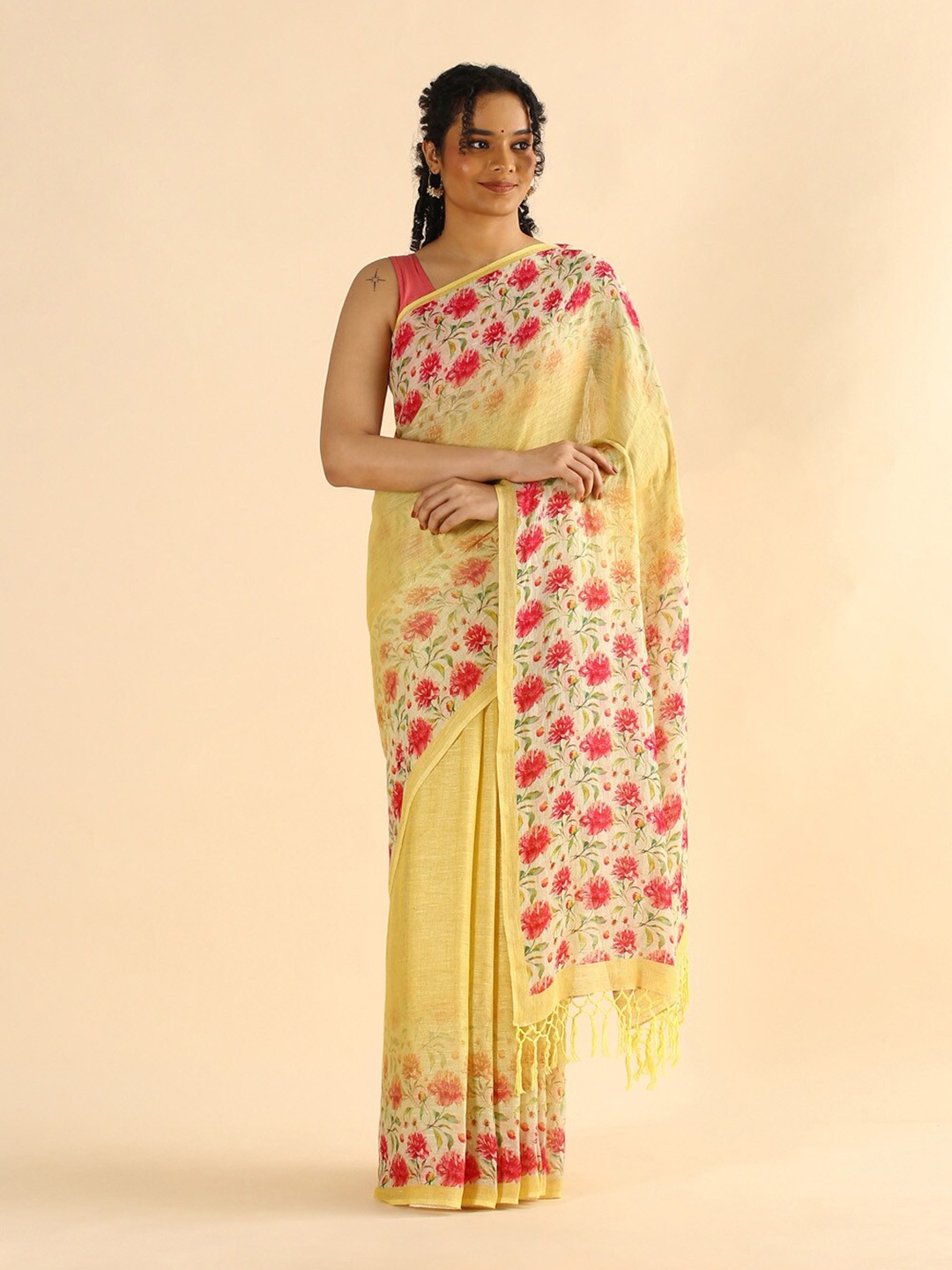 

Taneira Yellow & Pink Floral Pure Linen Saree