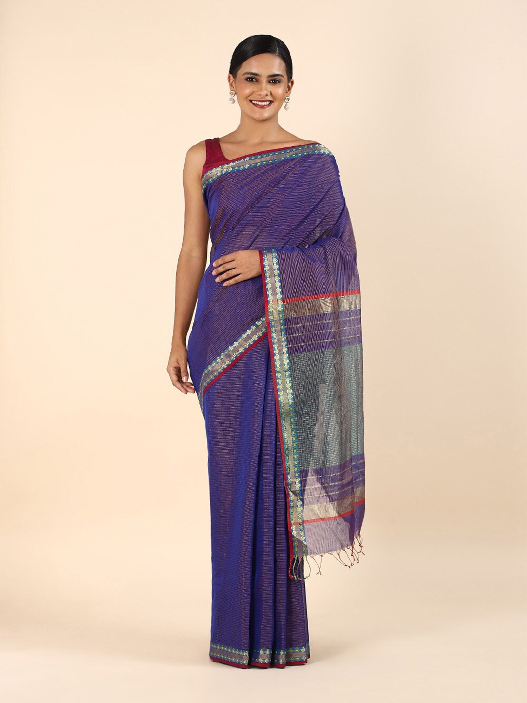 

Taneira Purple & Green Striped Zari Silk Cotton Maheshwari Saree