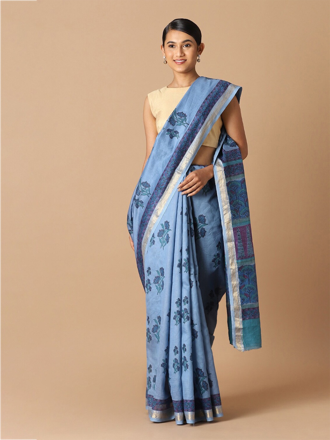 

Taneira Blue & Silver-Toned Floral Zari Silk Cotton Saree