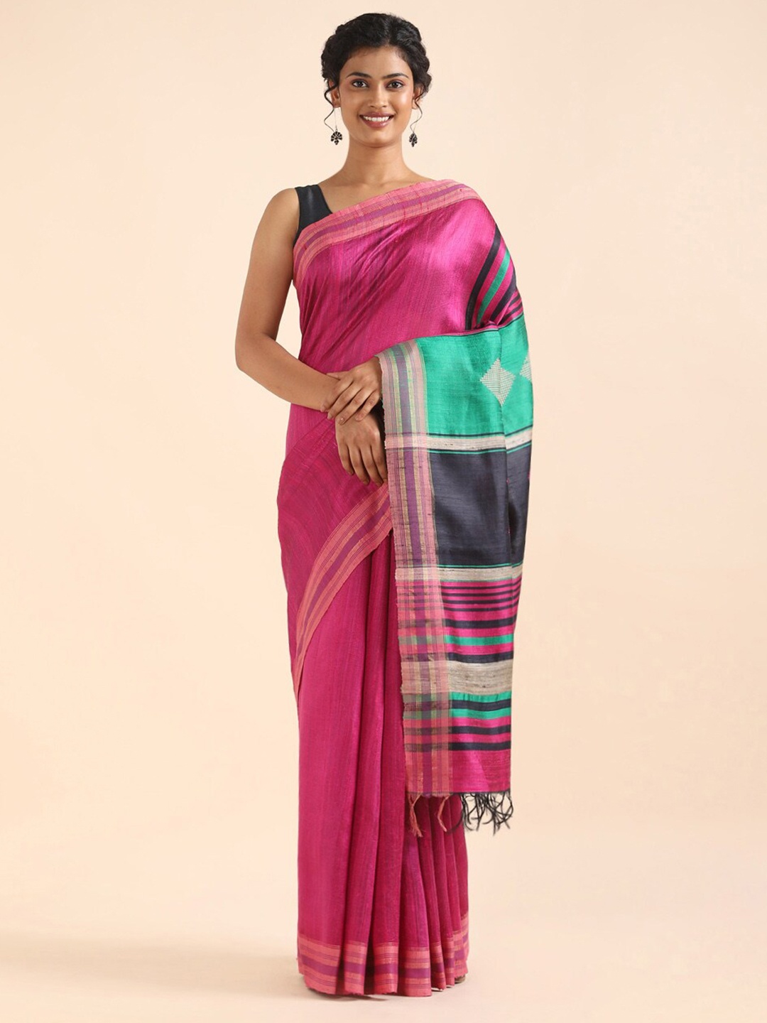 

Taneira Pink & Green Zari Pure Silk Bhagalpuri Saree