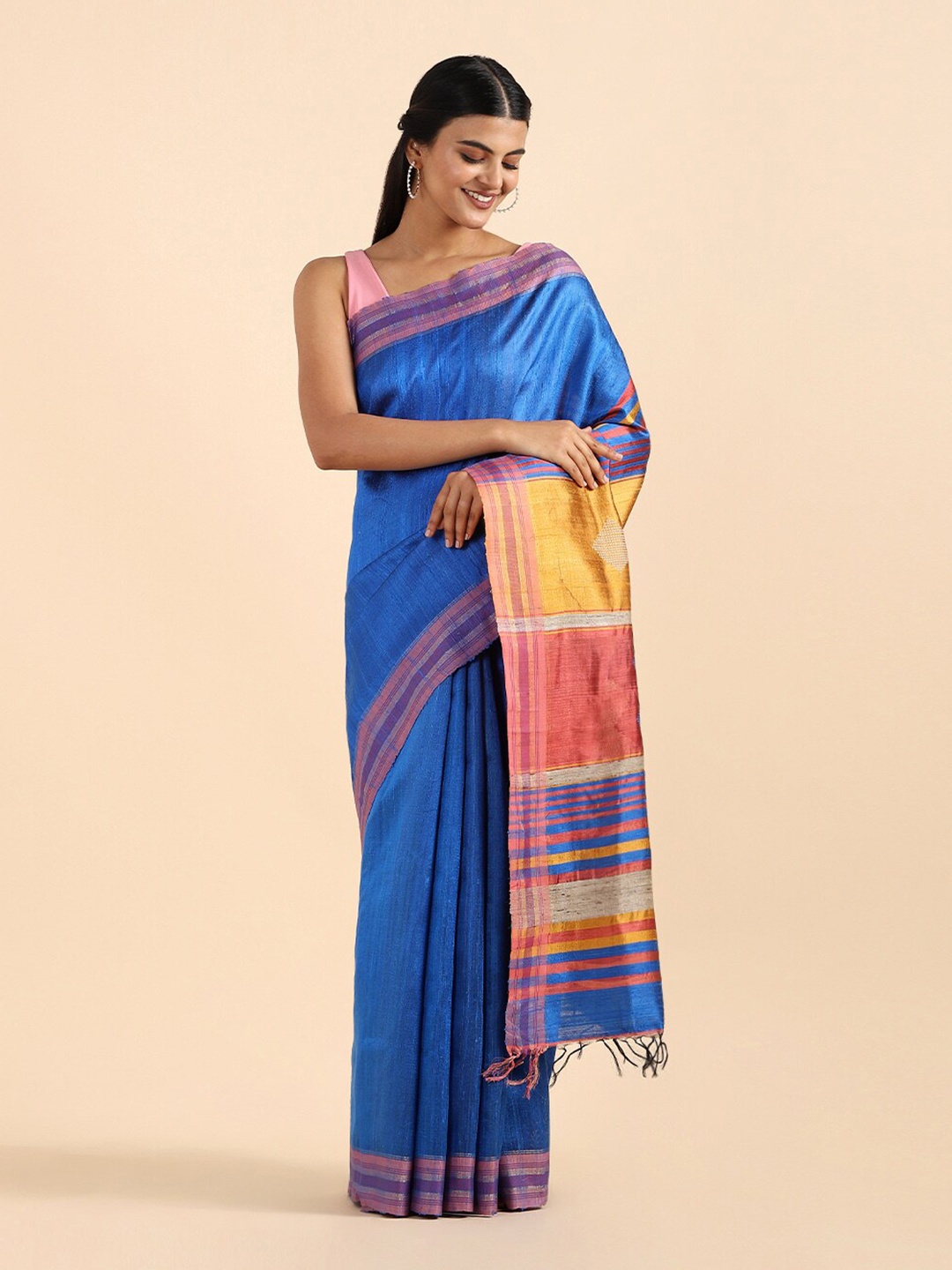 

Taneira Blue & Pink Zari Pure Silk Bhagalpuri Saree