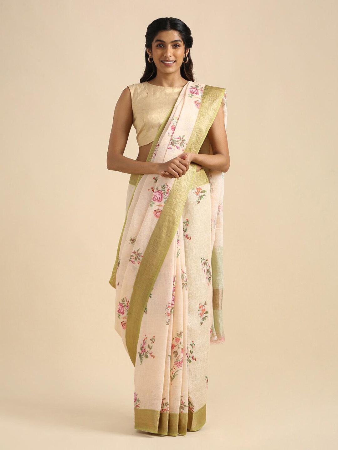 

Taneira Orange & Gold-Toned Floral Zari Pure Linen Saree