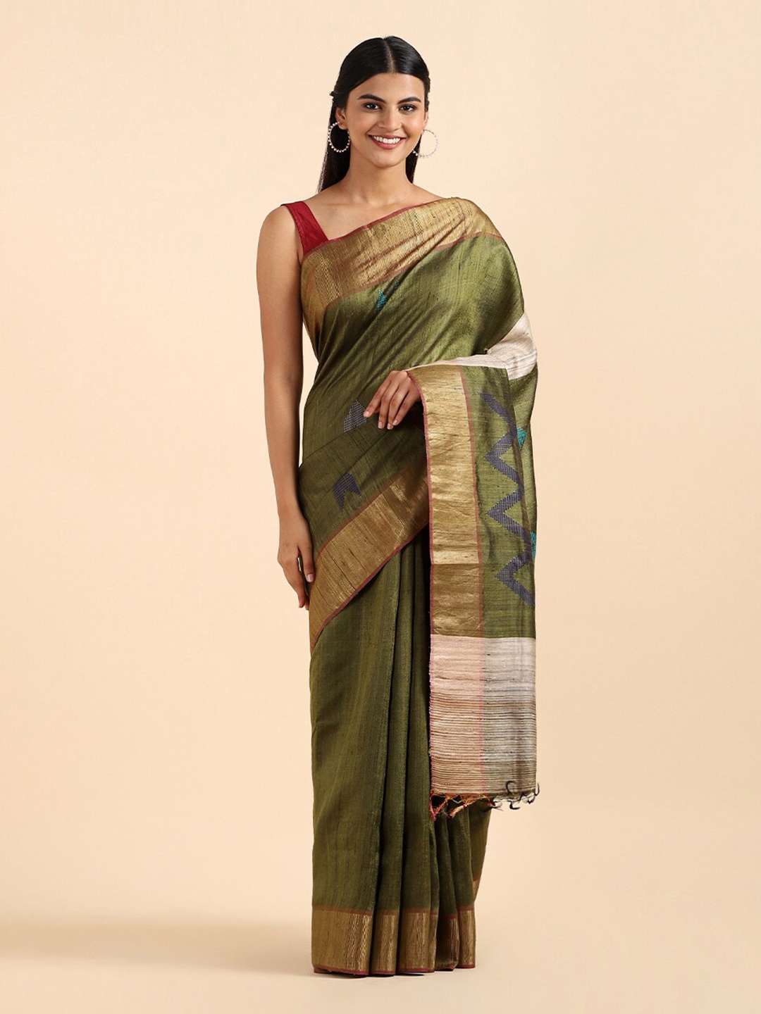 

Taneira Green & Gold-Toned Zari Pure Silk Bhagalpuri Saree