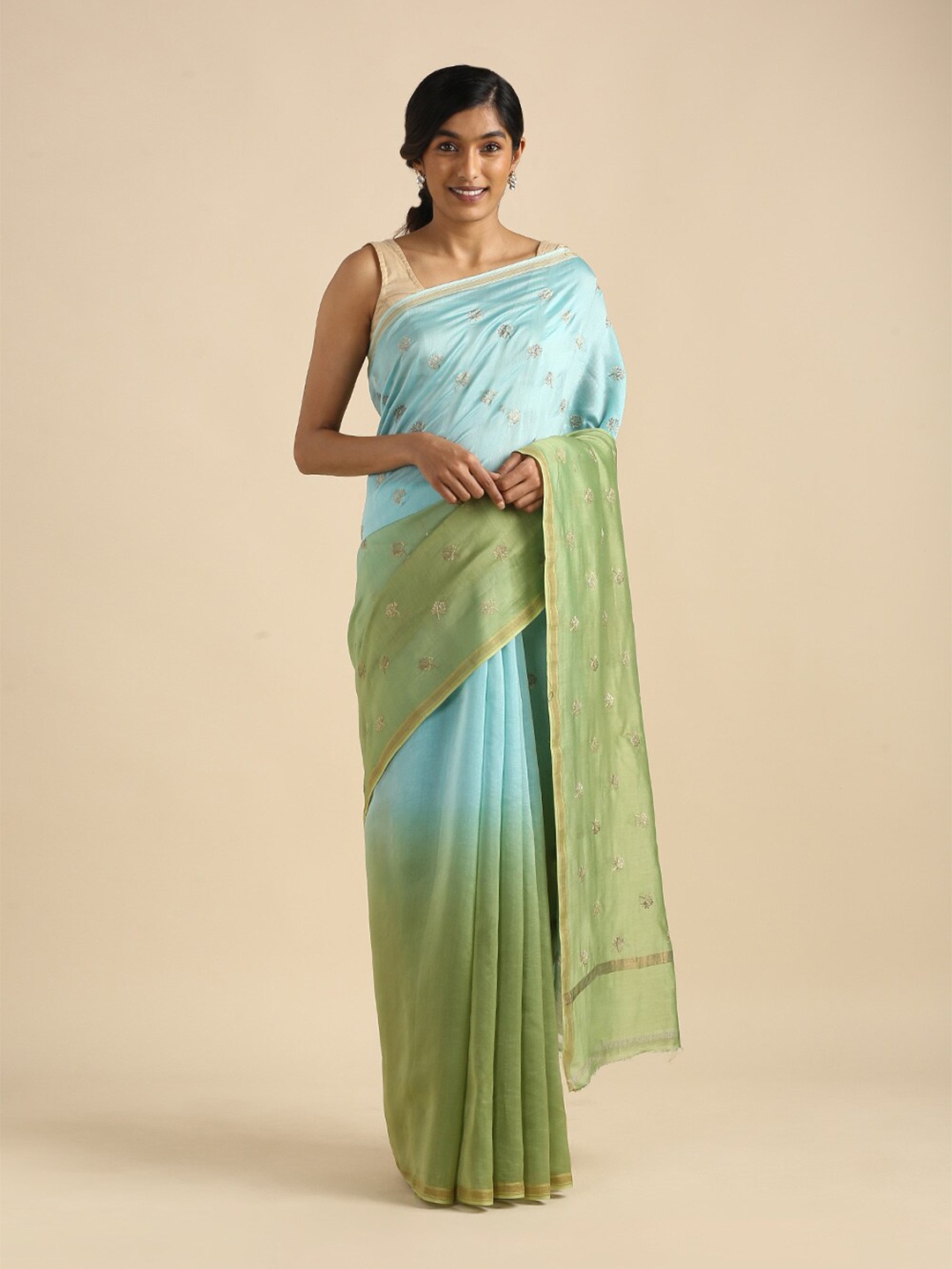 

Taneira Green & Gold-Toned Floral Embroidered Silk Cotton Saree