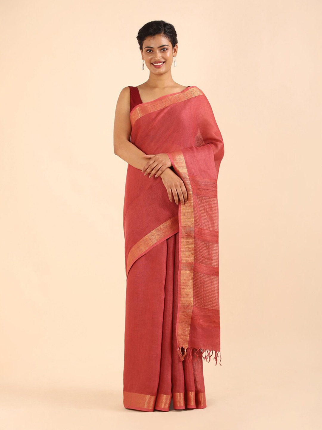 

Taneira Orange & Gold-Toned Zari Pure Linen Bhagalpuri Saree