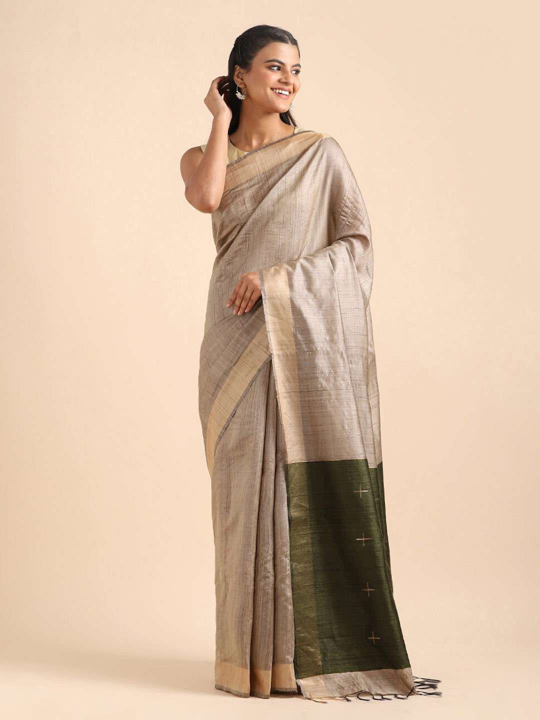 

Taneira Beige & Green Zari Pure Silk Bhagalpuri Saree
