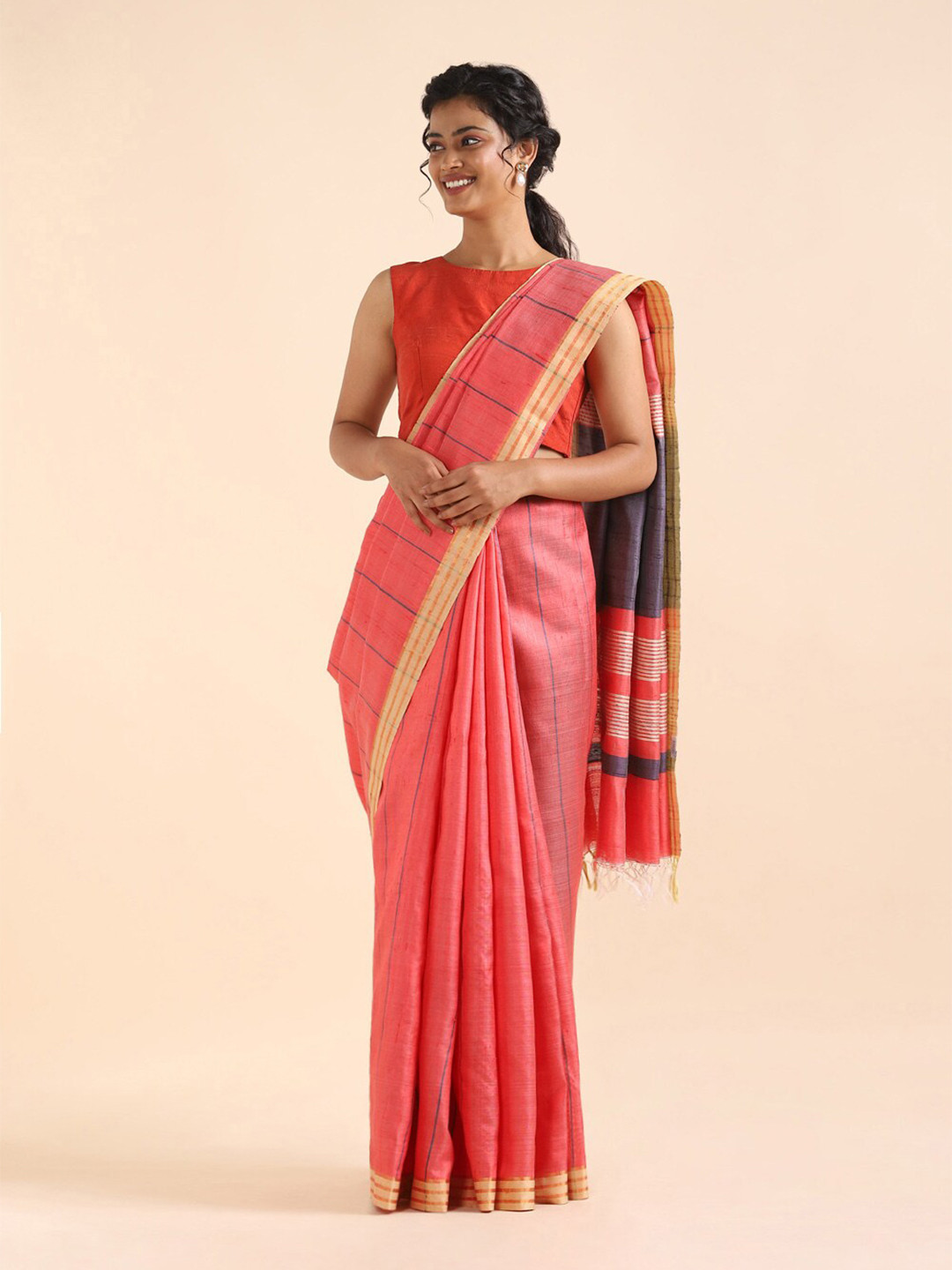 

Taneira Red & Black Striped Zari Pure Silk Bhagalpuri Saree