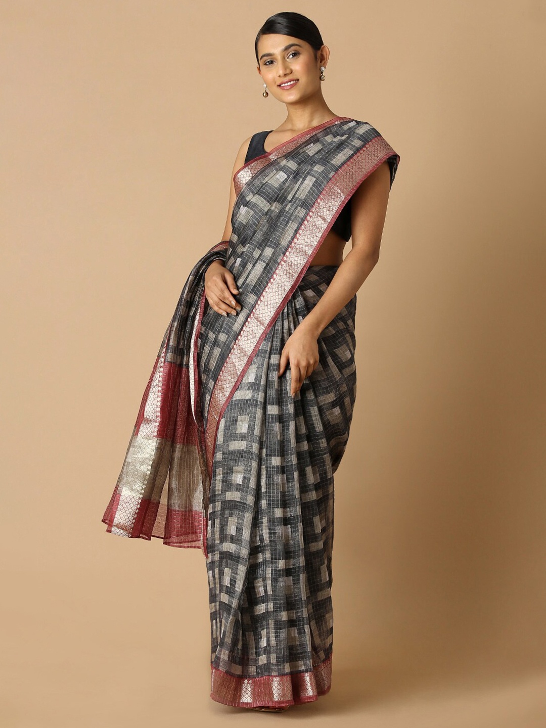 

Taneira Grey And Silver Toned Geometric Woven Design Zari Saree