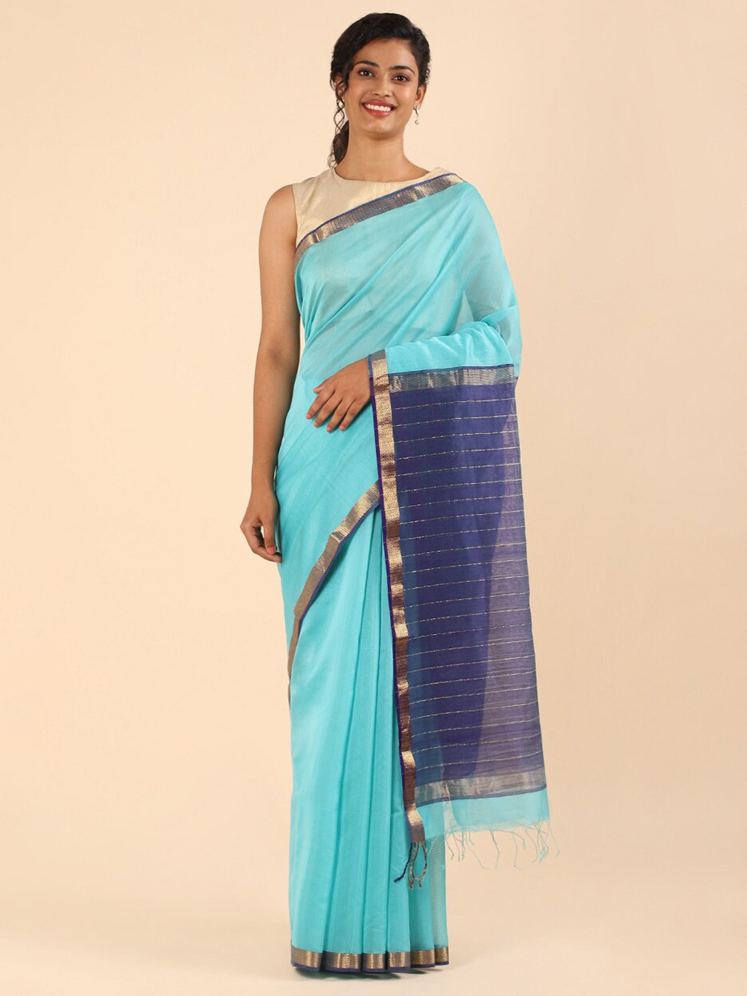 

Taneira Blue & Turquoise Blue Zari Silk Cotton Maheshwari Saree