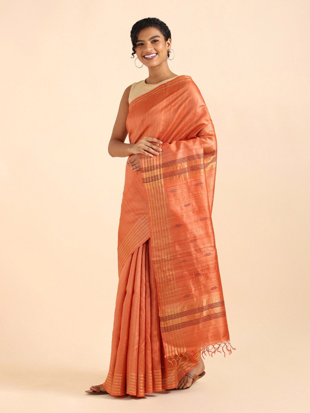 

Taneira Orange And Maroon Zari Pure Silk Tussar Bhagalpuri Saree