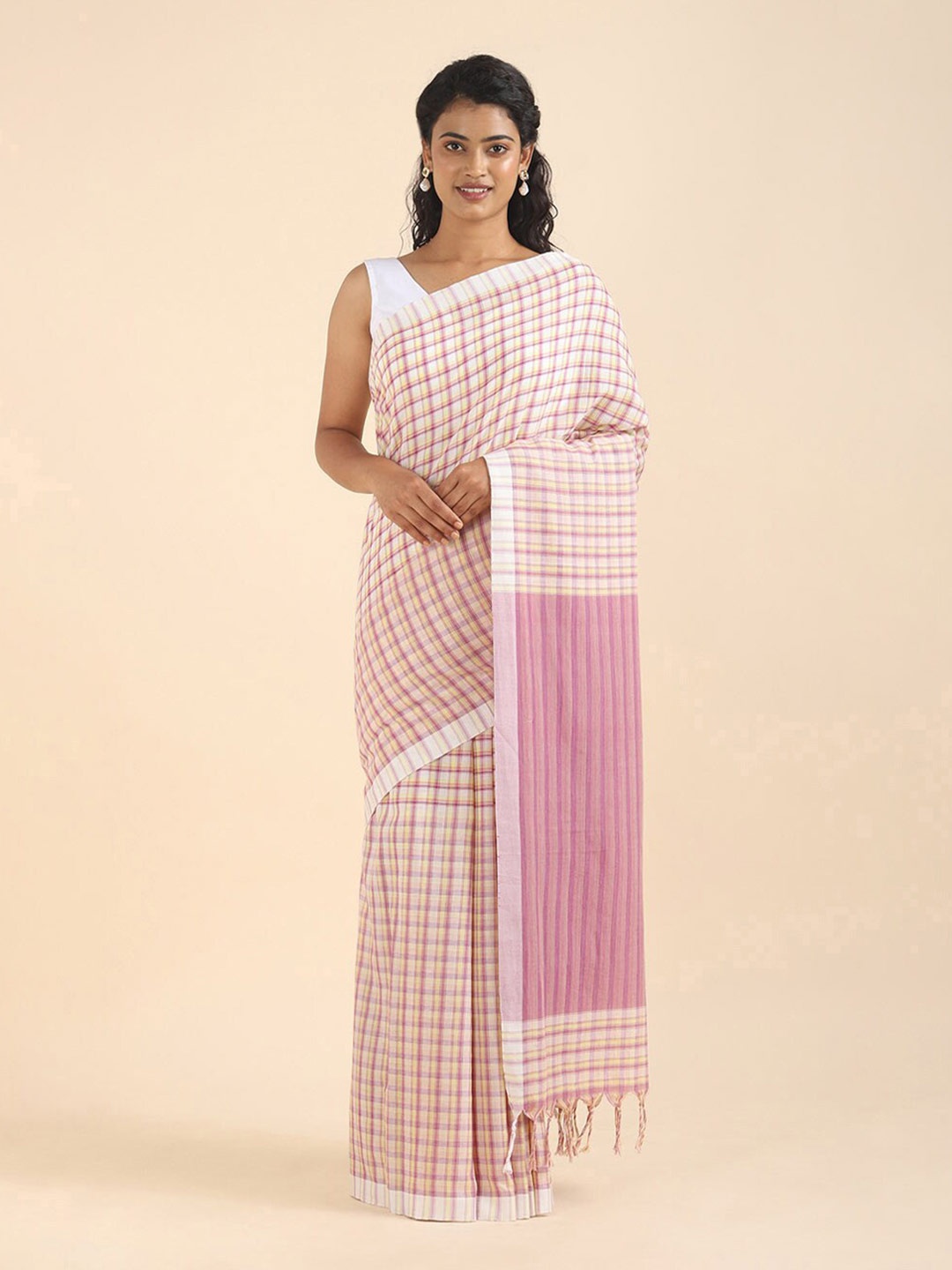

Taneira Off White & Purple Checked Pure Cotton Saree