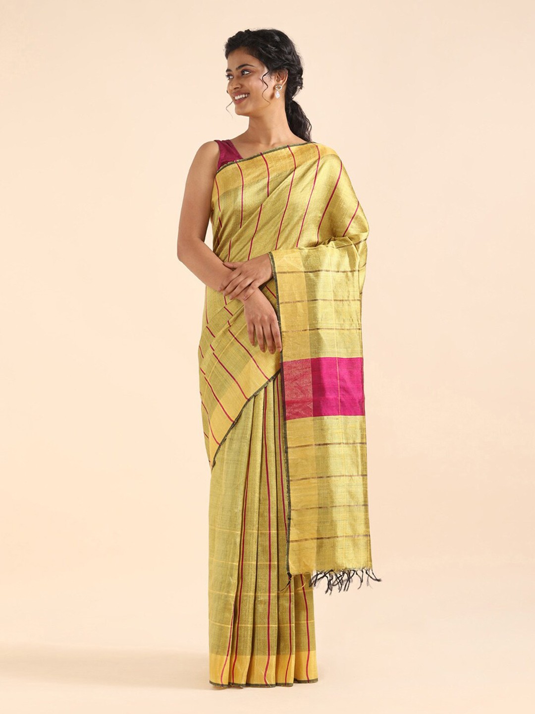 

Taneira Green & Pink Striped Pure Silk Bhagalpuri Saree