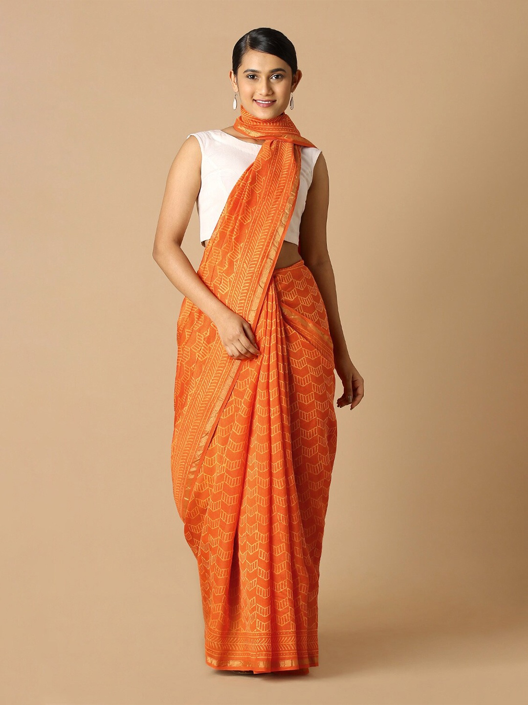 

Taneira Orange & Gold-Toned Zari Silk Cotton Bagru Saree