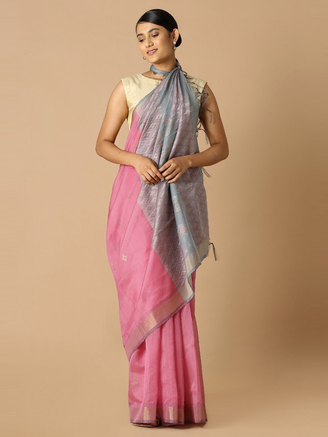 

Taneira Pink & Grey Ethnic Motifs Zari Silk Cotton Saree