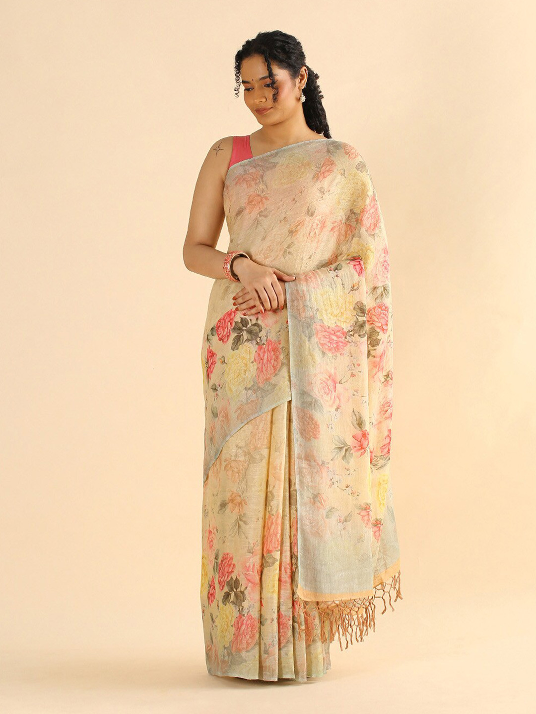 

Taneira Beige & Pink Floral Pure Linen Saree