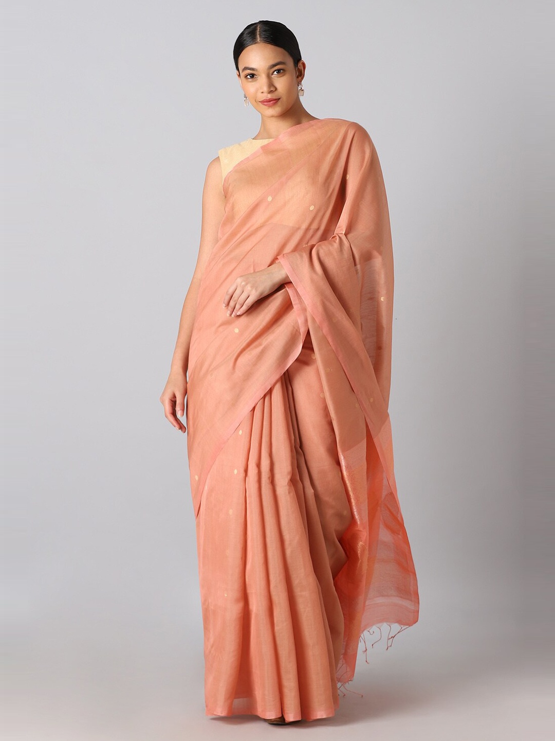 

Taneira Orange & Gold-Toned Zari Silk Cotton Saree