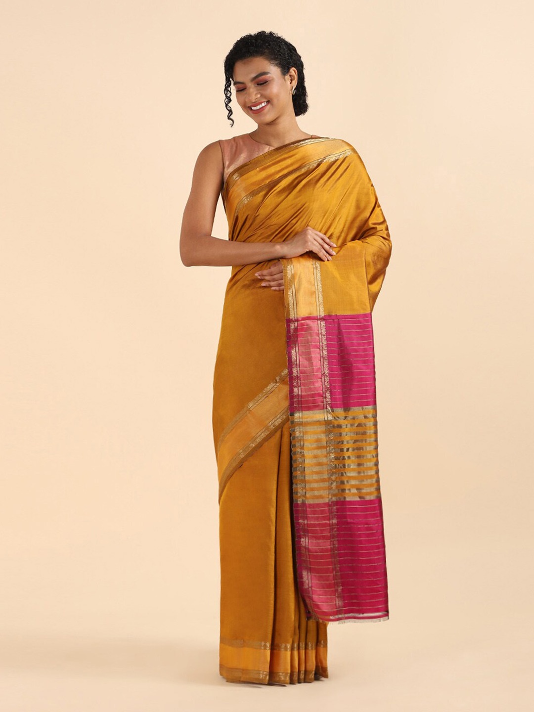 

Taneira Mustard & Pink Zari Pure Silk Saree