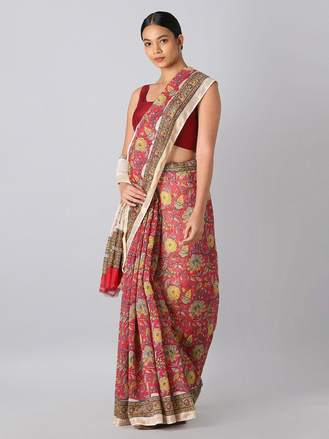

Taneira Red & Yellow Floral Silk Cotton Saree