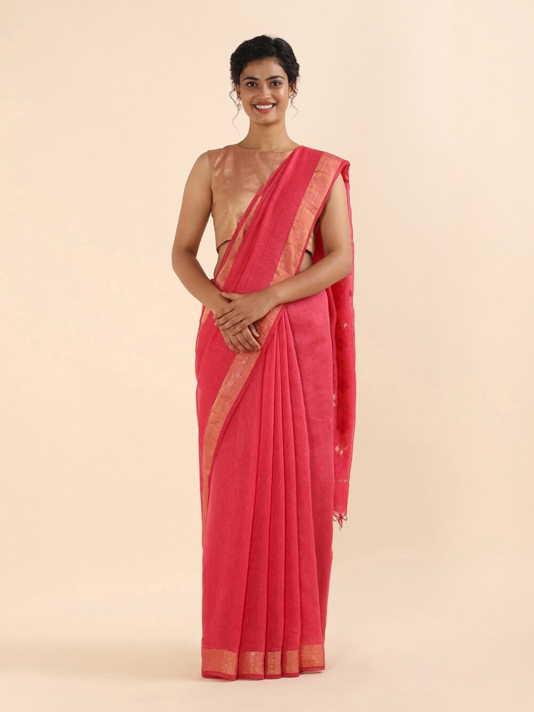 

Taneira Pink & Gold-Toned Zari Linen Blend Bhagalpuri Saree