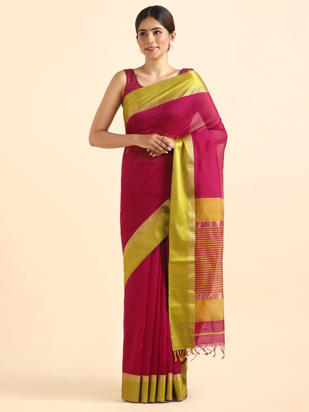 

Taneira Pink & Green Zari Silk Cotton Maheshwari Saree