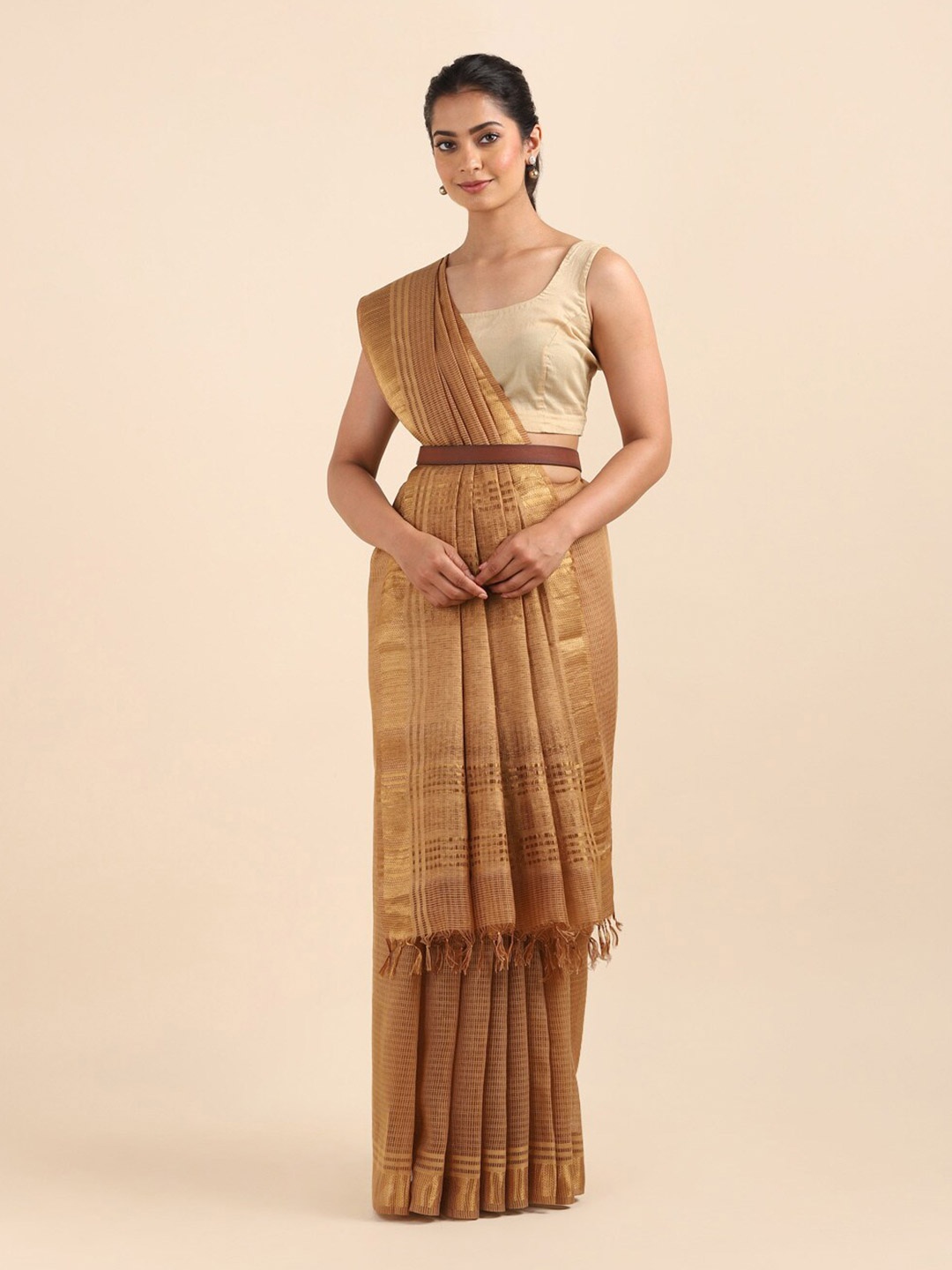 

Taneira Brown Striped Zari Pure Silk Saree