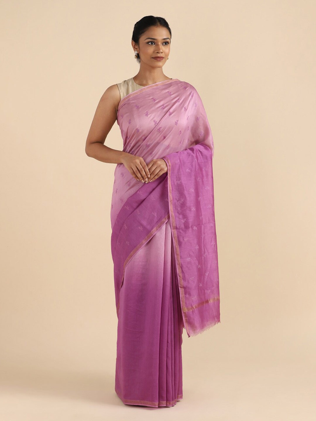 

Taneira Purple & Gold-Toned Floral Embroidered Silk Cotton Saree