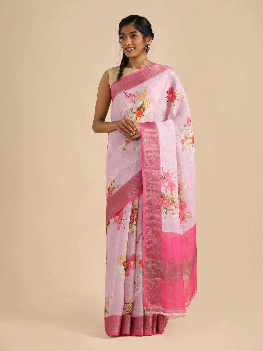 

Taneira Lavender & Pink Floral Zari Pure Linen Saree