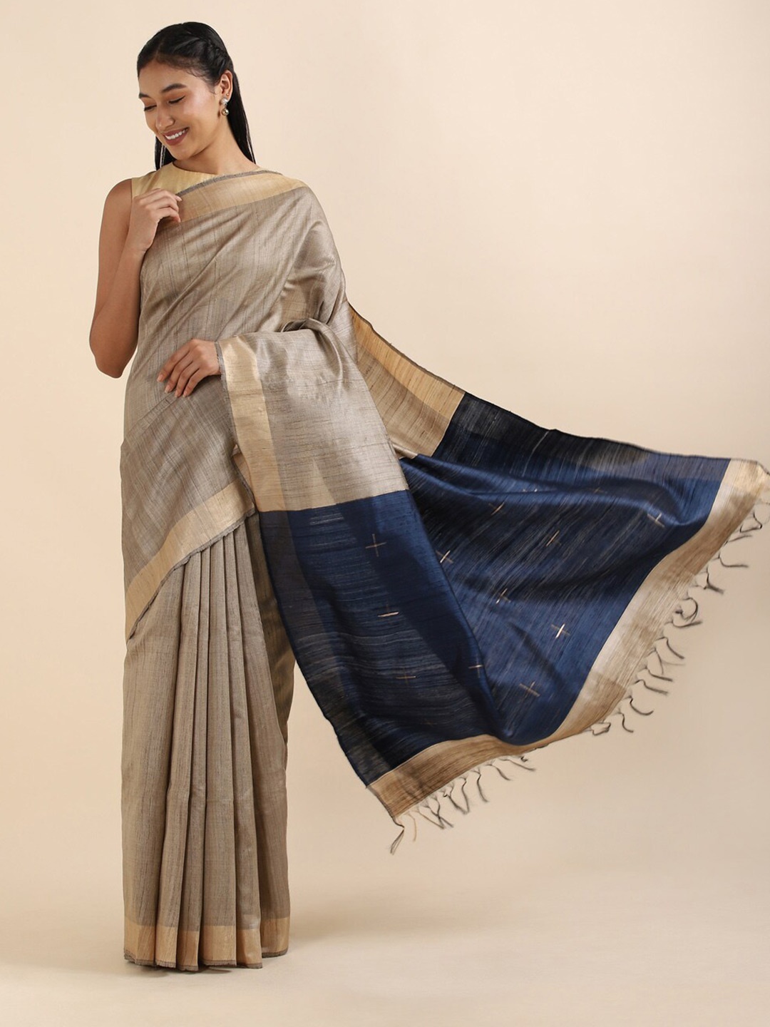 

Taneira Beige & Navy Blue Zari Pure Silk Bhagalpuri Saree