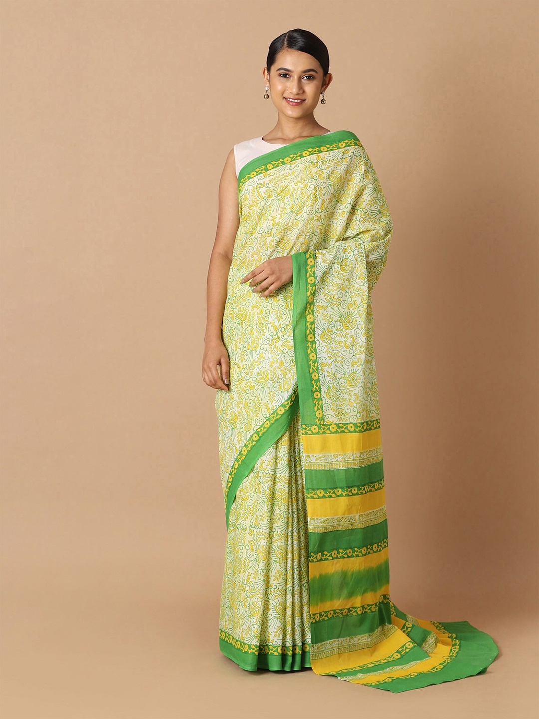 

Taneira Yellow & Green Floral Pure Cotton Saree