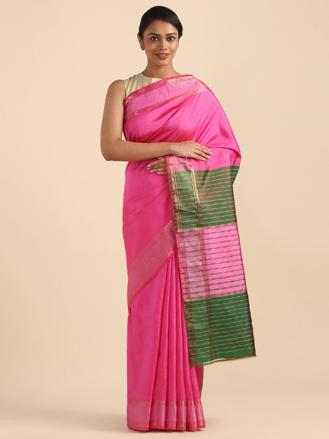 

Taneira Pink & Green Zari Pure Silk Saree