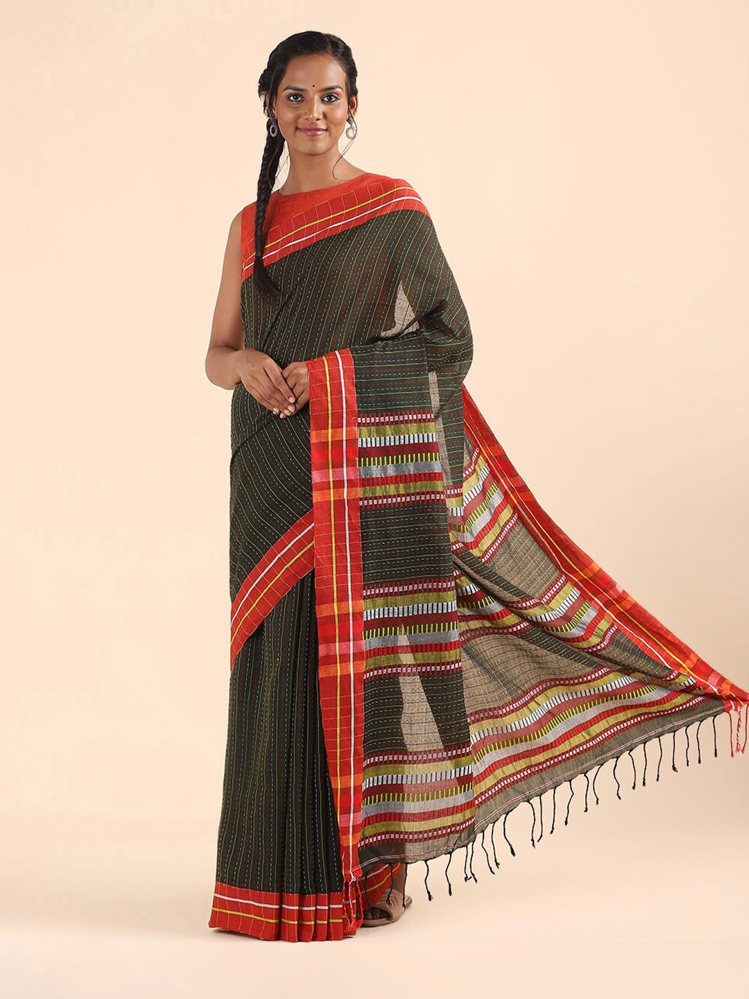 

Taneira Green & Red Striped Pure Cotton Saree