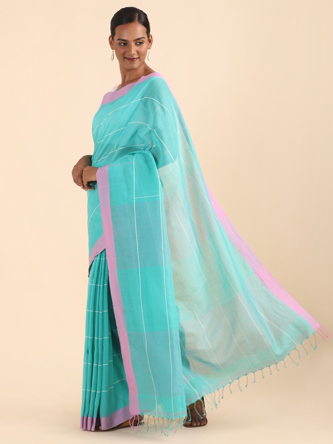 

Taneira Green & Pink Striped Pure Cotton Saree