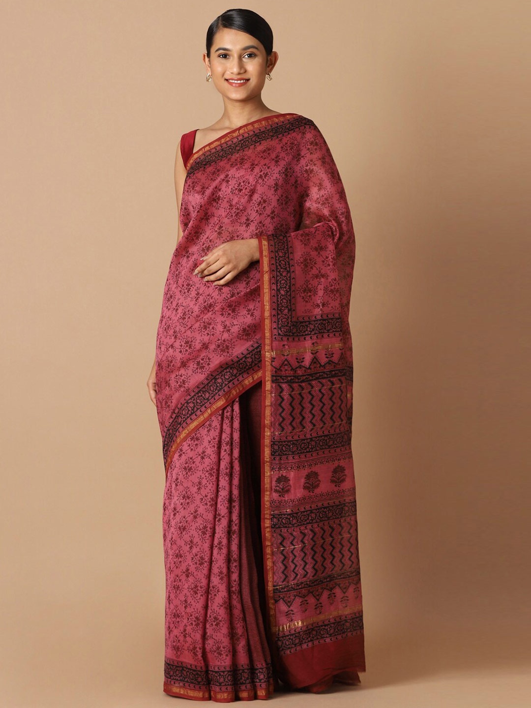 

Taneira Pink & Gold-Toned Floral Zari Silk Cotton Bagru Saree