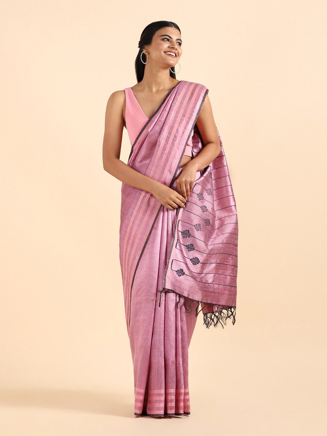 

Taneira Pink & Black Pure Silk Bhagalpuri Saree