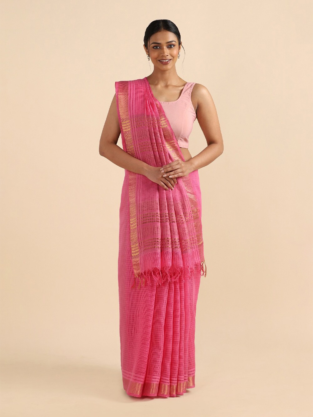 

Taneira Pink & Gold-Toned Woven Design Zari Pure Silk Saree