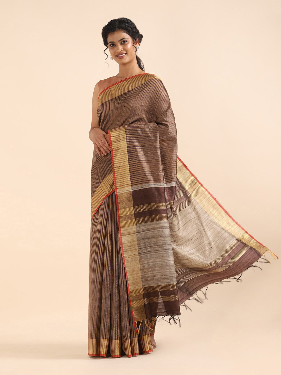 

Taneira Brown & Beige Striped Zari Pure Silk Bhagalpuri Saree