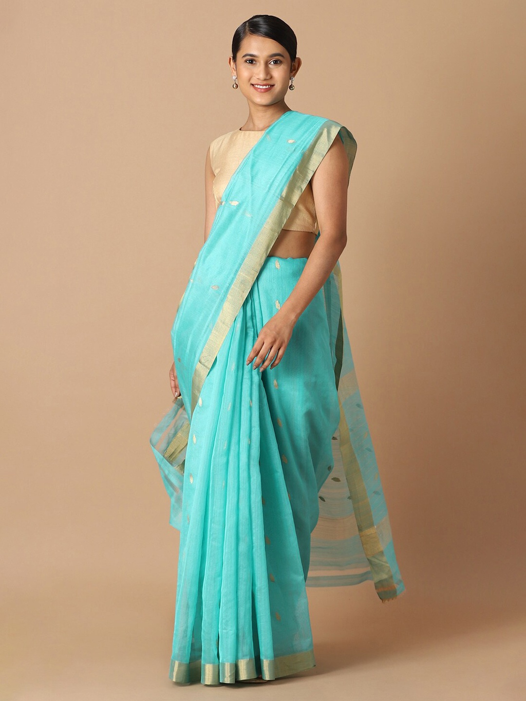 

Taneira Blue & Gold-Toned Woven Design Zari Silk Cotton Chanderi Saree