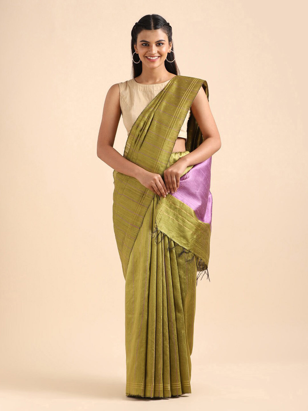 

Taneira Green & Purple Striped Pure Silk Bhagalpuri Saree
