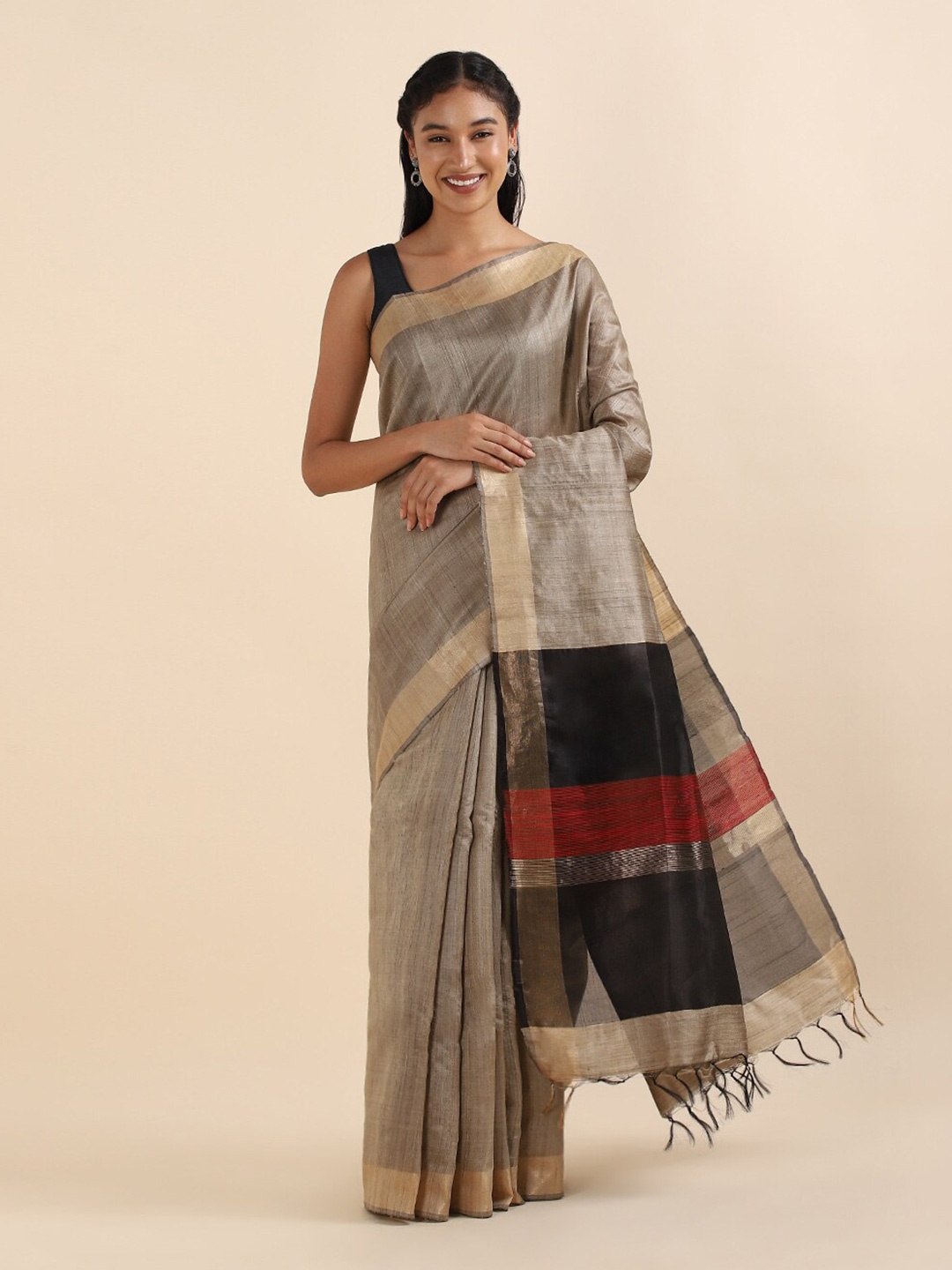 

Taneira Beige & Red Zari Pure Silk Bhagalpuri Saree