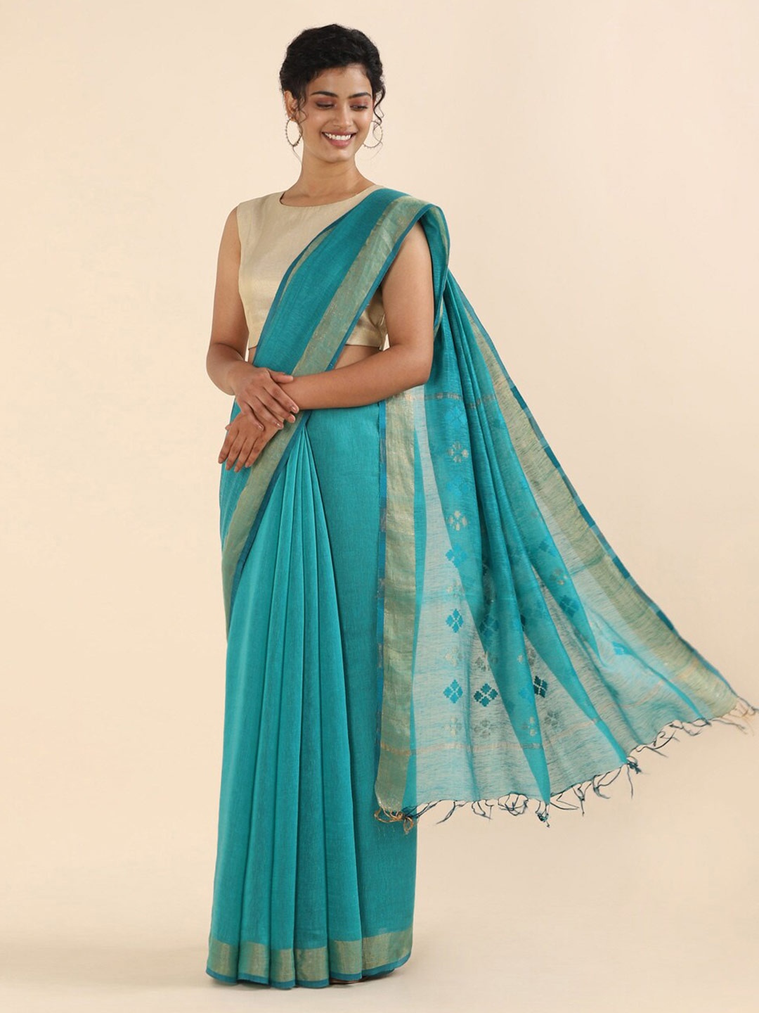 

Taneira Blue & Silver-Toned Zari Silk Linen Bhagalpuri Saree