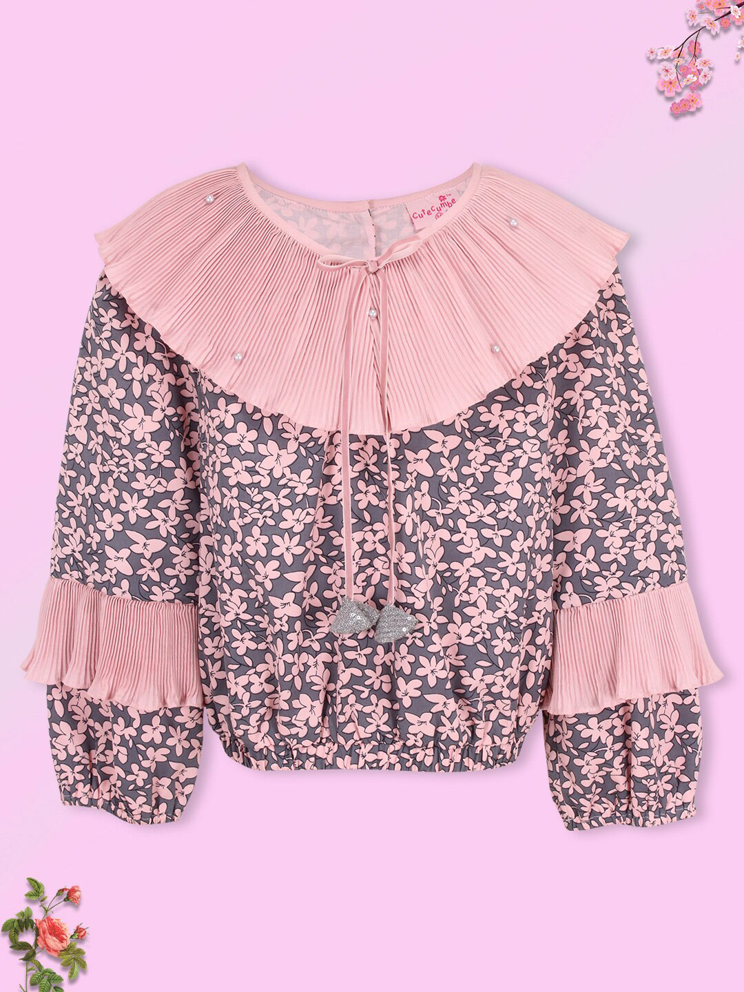 

CUTECUMBER Girls Pink Floral Print Tie-Up Neck Blouson Top