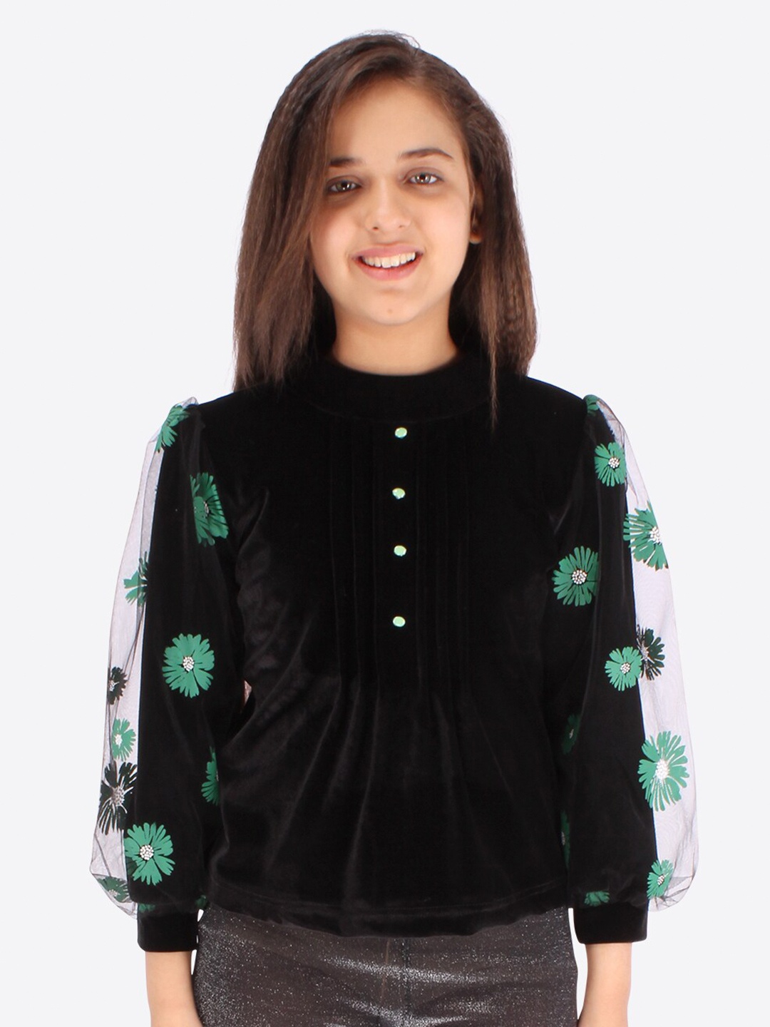 

CUTECUMBER Girls Black Floral Embroidered Mandarin Collar Velvet Shirt Style Top