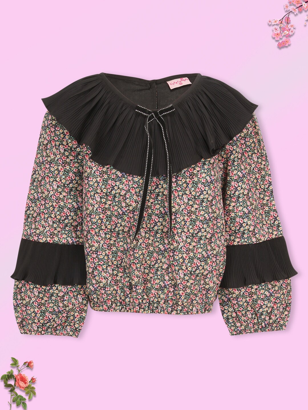 

CUTECUMBER Black Floral Print Tie-Up Neck Layered Top