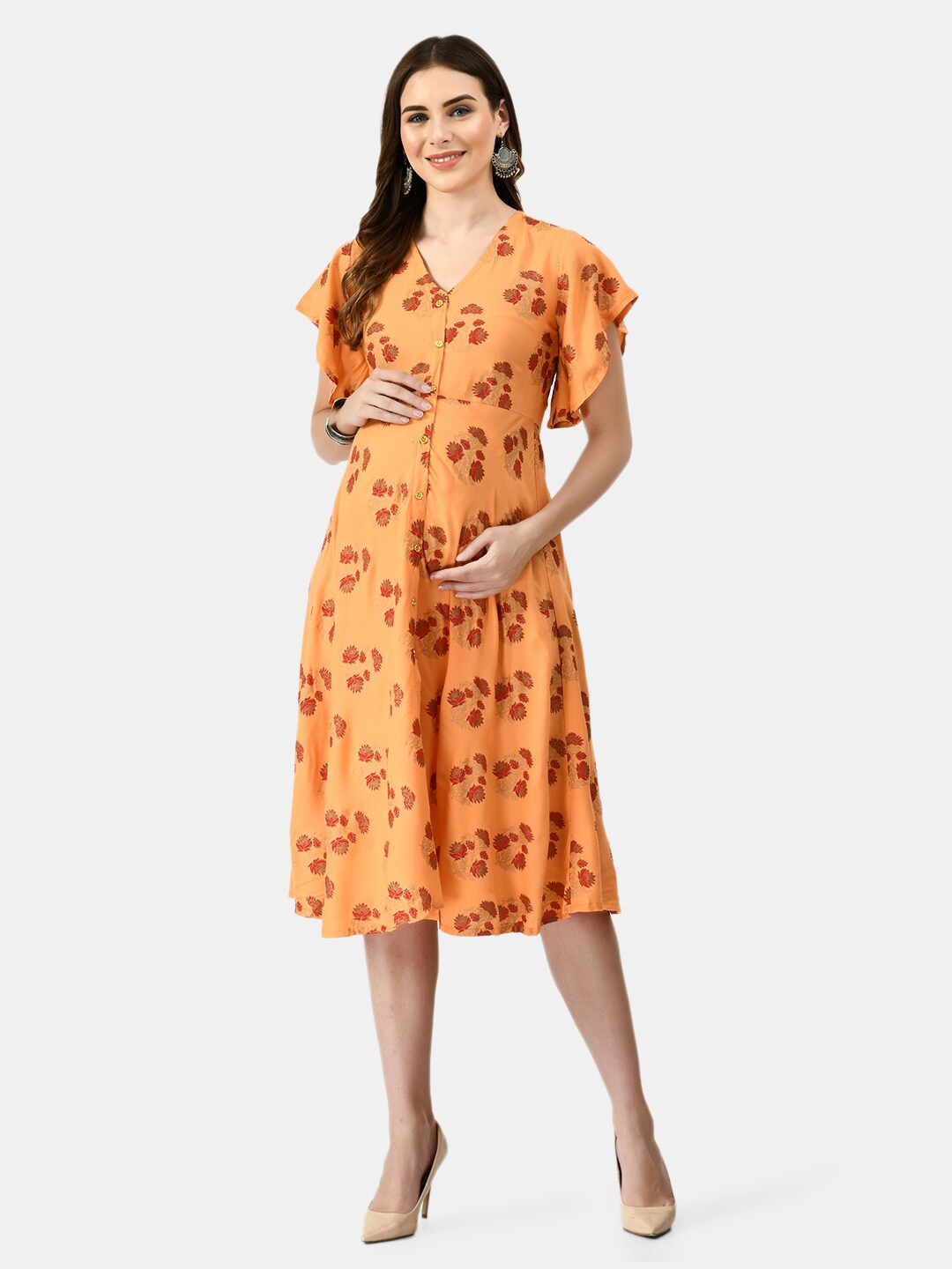 

MAFE Women Orange Floral Maternity Dress