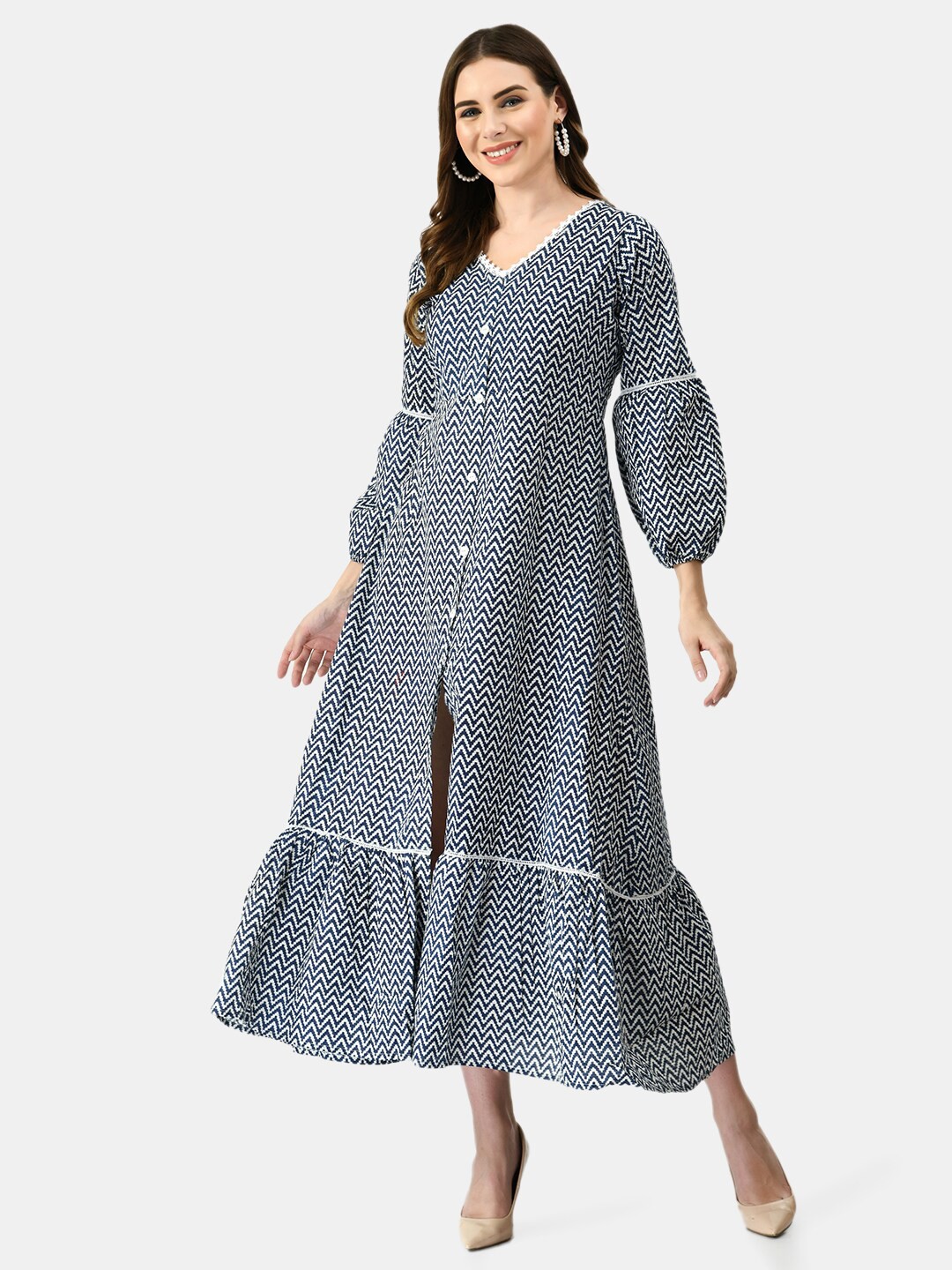 

MAFE Blue Ethnic A-Line Midi Dress