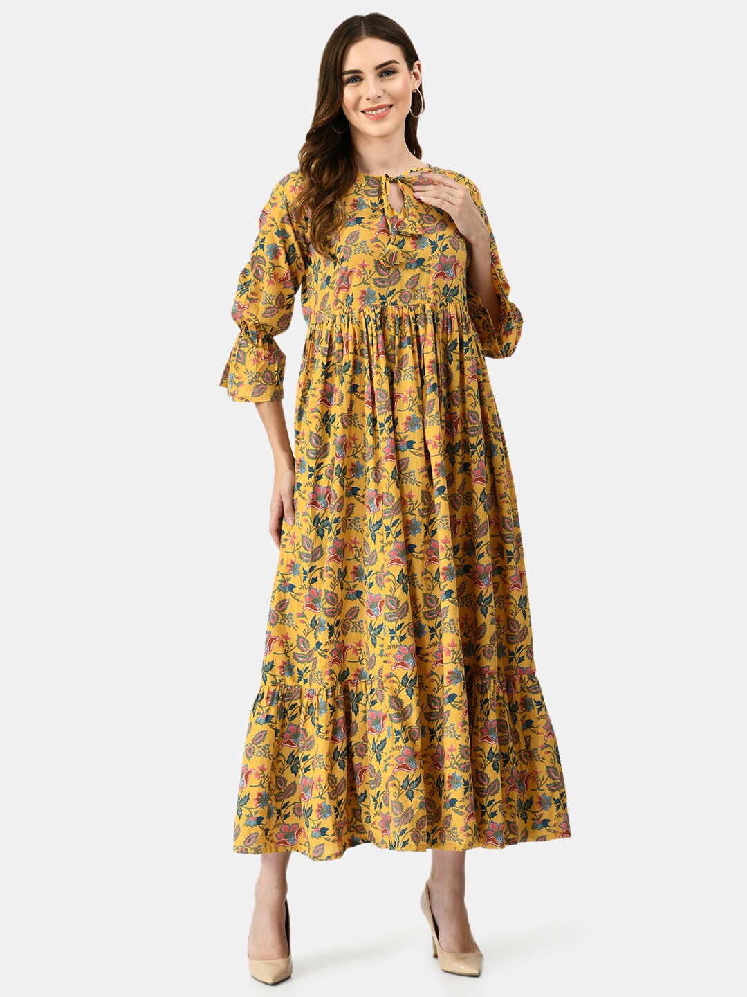 

MAFE Mustard Yellow Floral Tie-Up Neck Ethnic Maxi Dress