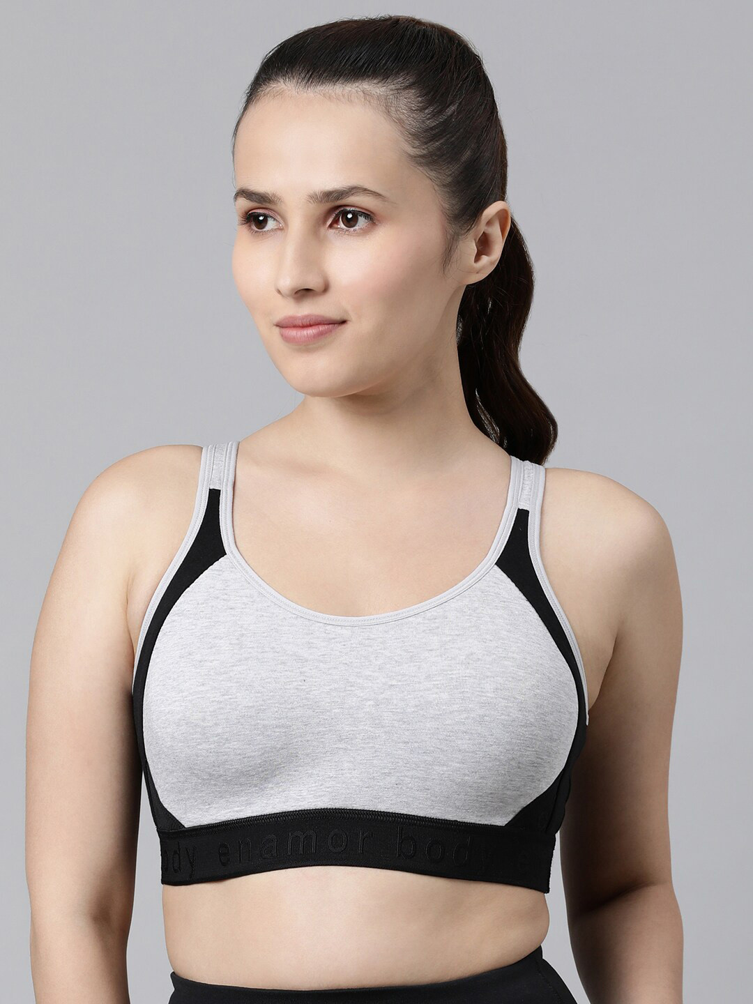 

Enamor Agion Antimicrobial Side Shaper Sports Bra Non Padded, Wirefree and High Coverage, Grey melange