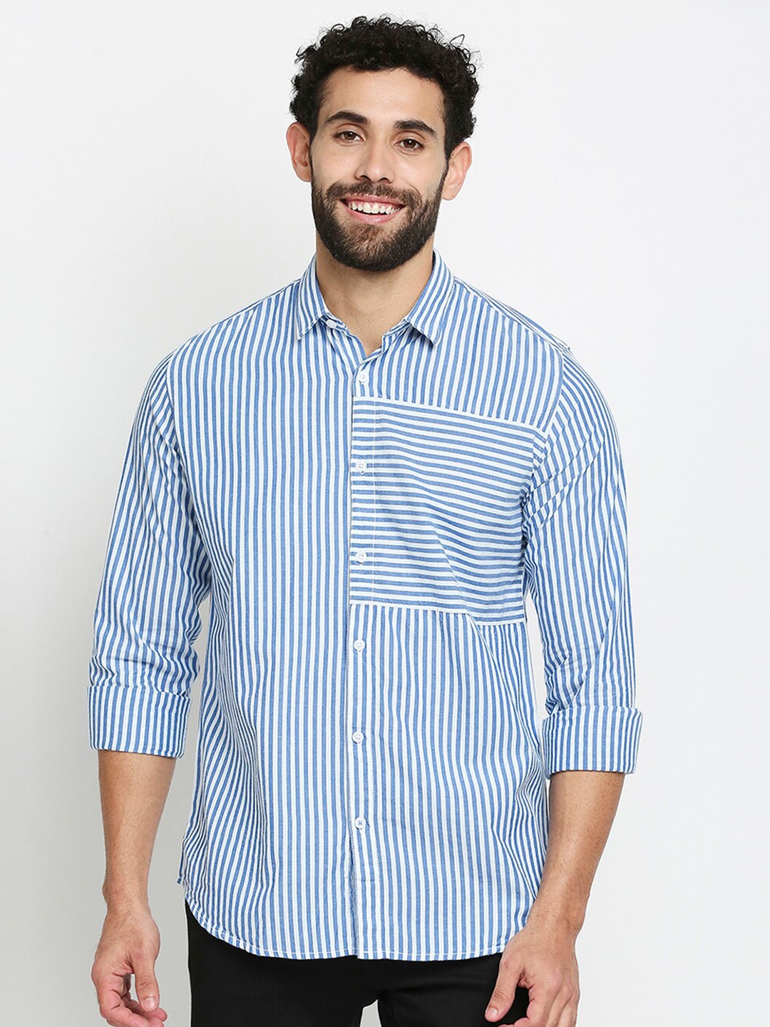 

Solemio Men Blue & White Striped Pure Cotton Casual Shirt