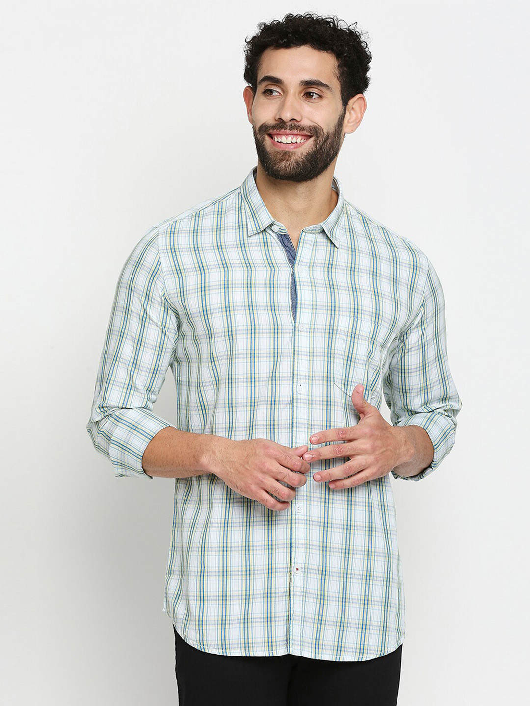 

Solemio Men White & Grey Checked Pure Cotton Casual Shirt