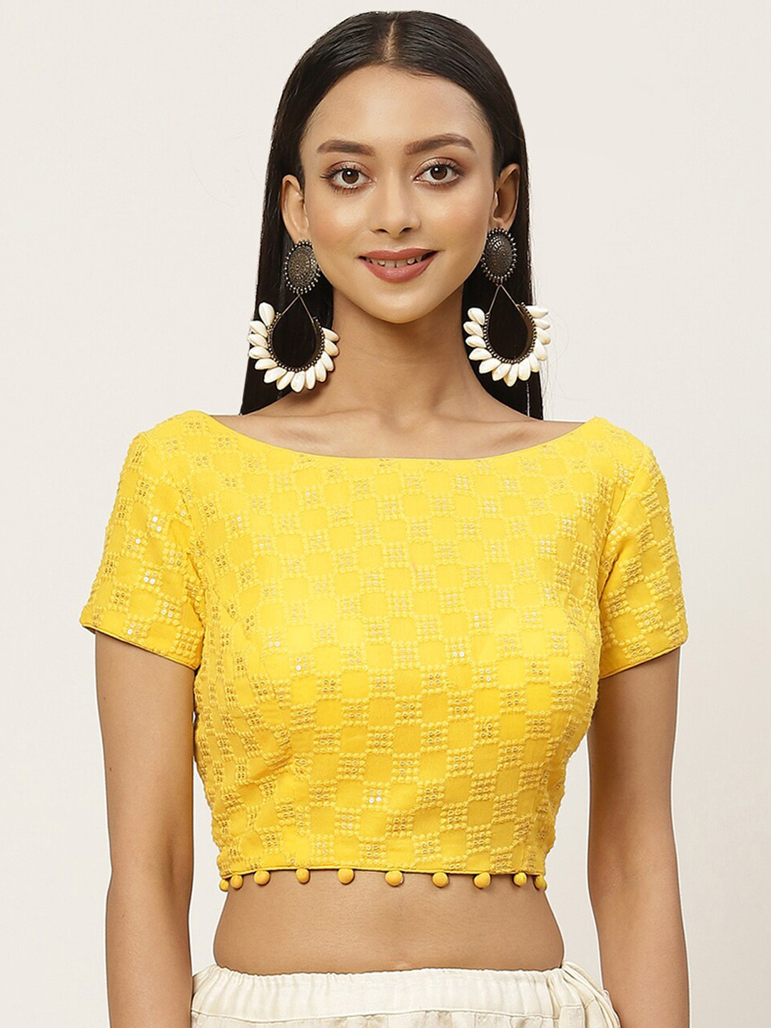 

Studio Shringaar Yellow Chikankari & Sequin Padded Saree Blouse